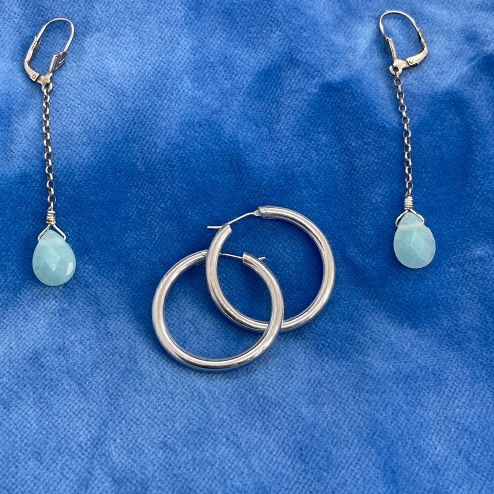 silver drop earrings with faceted amazonite stones and silver hoops